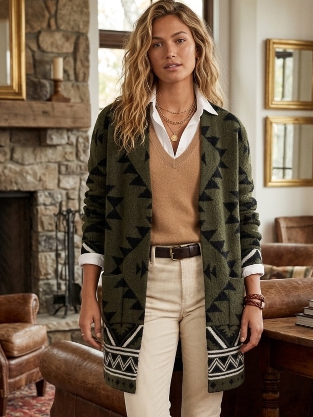 Frye Olive and Black Aztec Open-Front Cardigan